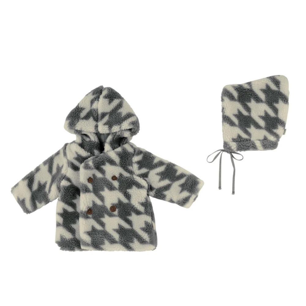 Citrine Houndstooth Fleece Hooded Coat with Matching Bonnet 18 Months Grey Cream